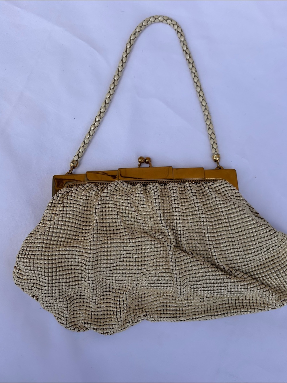 Vintage-Inspired Cream Beaded Evening Clutch with Gold Frame